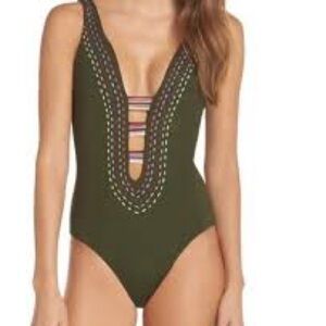 Becca by Rebecca Virtue Quest 1 piece olive & rainbow trim swimsuit, small.